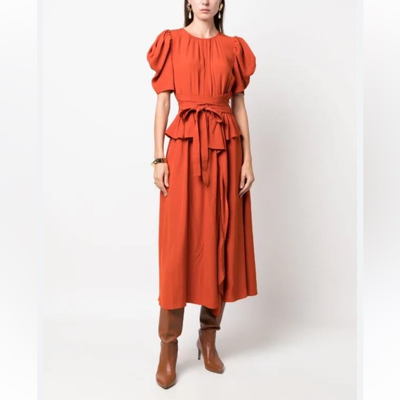 Ulla Johnson, Marion Puff-Sleeve Belted Peplum Midi Dress In Noir Red Size 6 - Picture 2 of 10